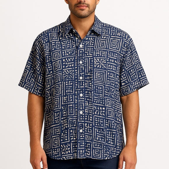 Vintage Other - Vintage Burma Bibas Men’s Size Large Blue/White Tribal Print 100% Silk Shirt